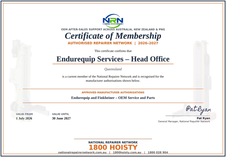 NRN National Repairer Network Repairer Certificate of Membership, OEM After Sales Support for Endurequip & Finkbeiner OEM Service and Parts.